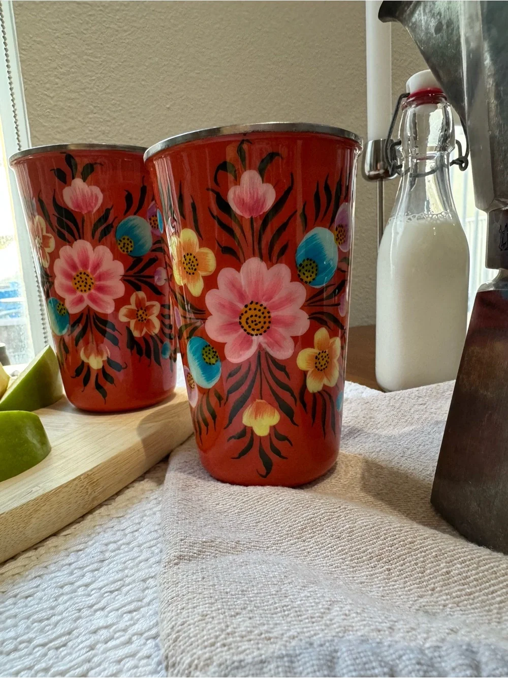 Hand-Painted Floral Orange Enamelware Tumbler - Home Dining